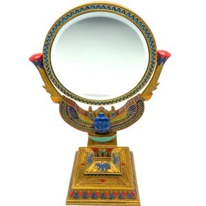 Vintage Hand painted Gold,Blue,Red Scarab Beetle Double Sided Standing Mirror